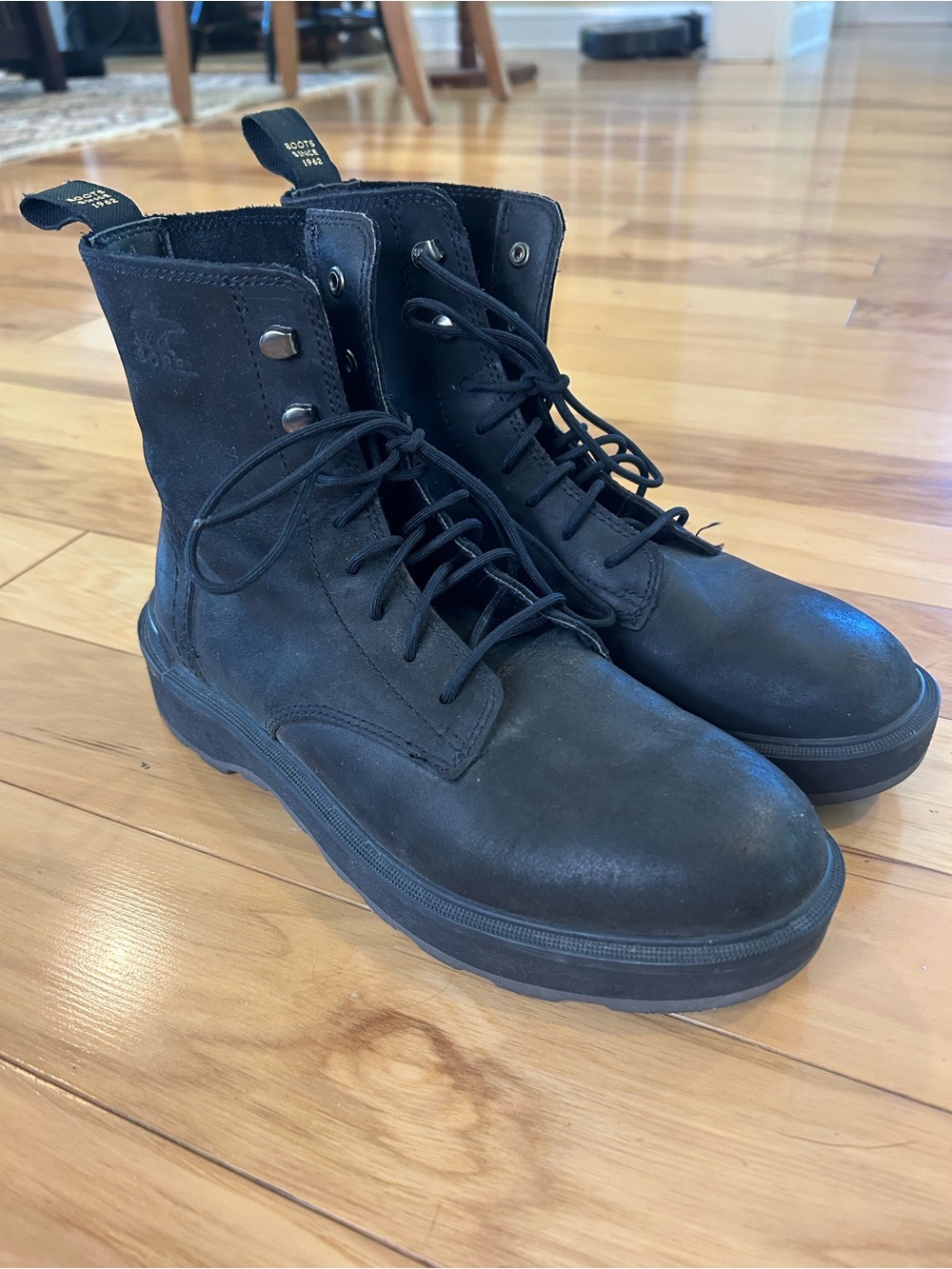 Sorel Women’s Hi-Line Lace-Up Black Leather Combat Boots with Lug Sole